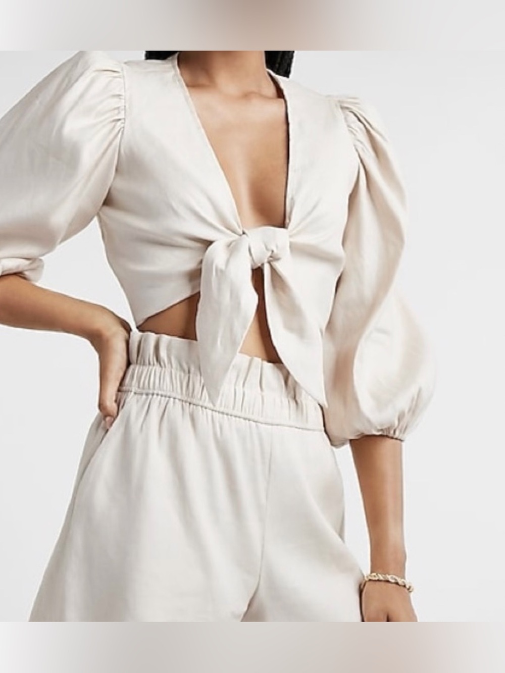 Express Linen Blend Two Piece Set White Paperbag Shorts Tie Front Crop Top Med